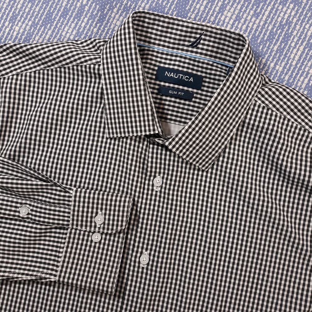 Nautica Button Up Shirt Mens L Slim Fit Black White Gingham Performance Stretch